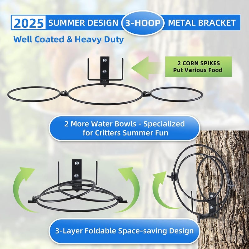Ofasixx 3-Hoop Squirrel/Bird Feeder, 2025 Cute Metal Bowl Outside Tree Mounted,1 x 8.5in Drainage Bowl+2 Corn Cob Spikes for Dry Food,2 x 5in Solid Bowls for Wet Food/Water, Perfect Squirrel Feeders for Yard - Image 5